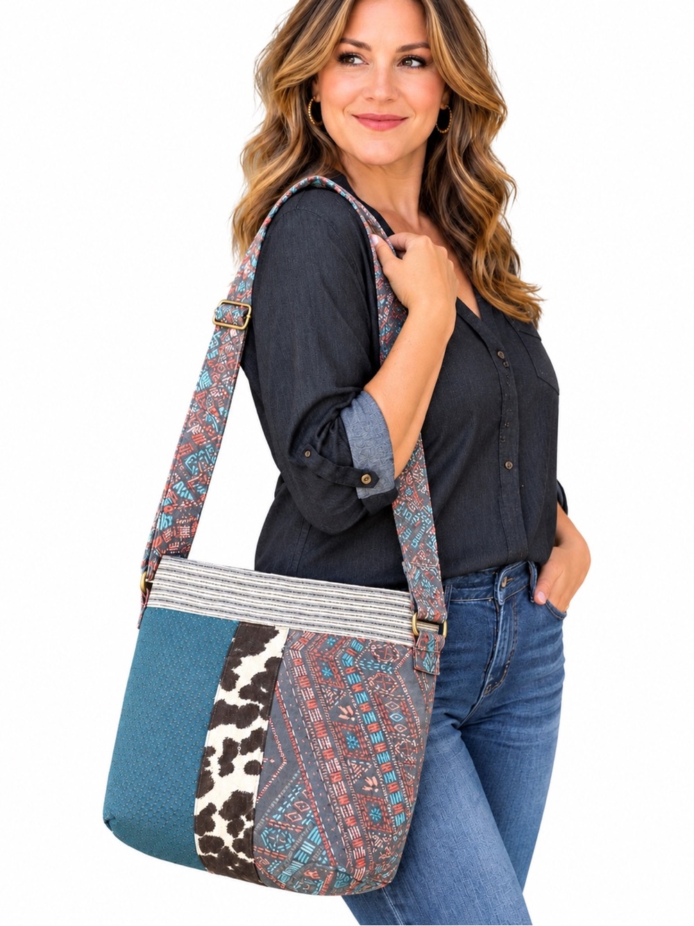 NEW Handmade Bag Boho Patchwork Crossbody Shoulder Bag Teal Cow Print Medium